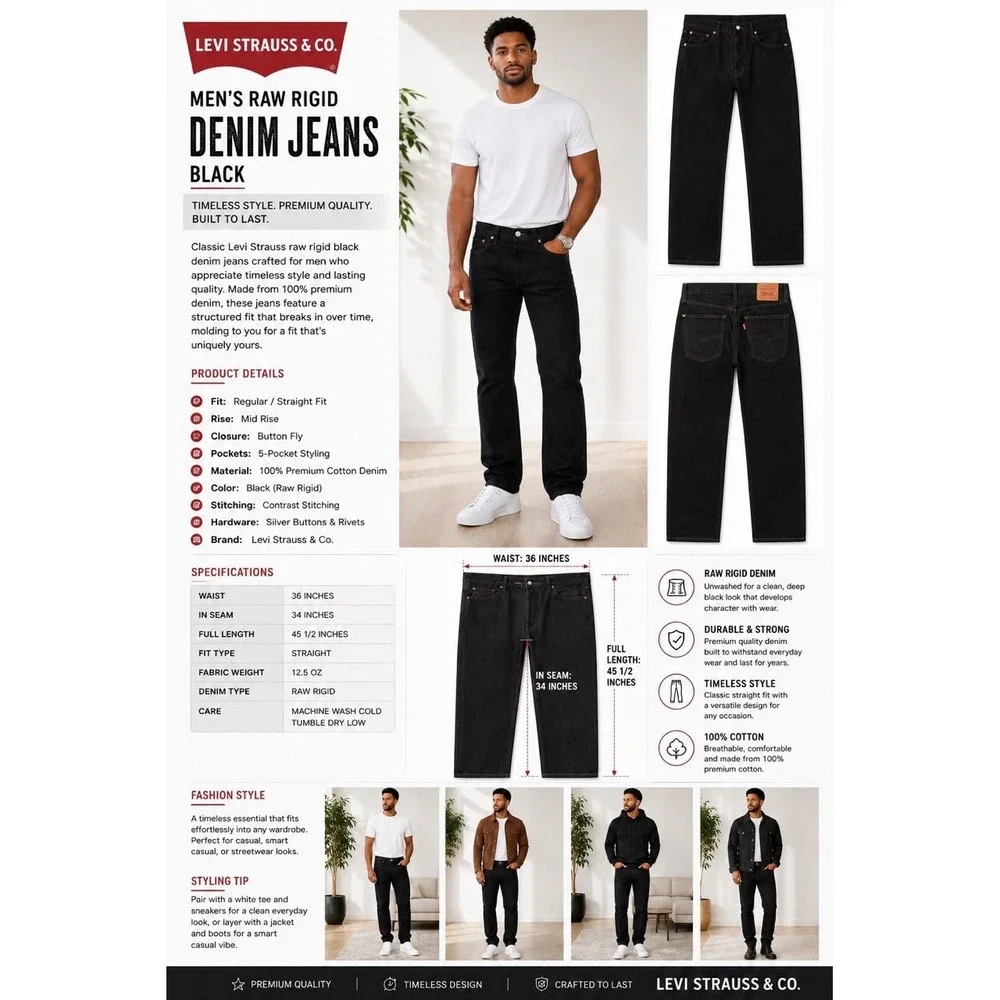 Levi Strauss Men's Black Raw Rigid Straight Leg Jeans 36x34 Button Fly